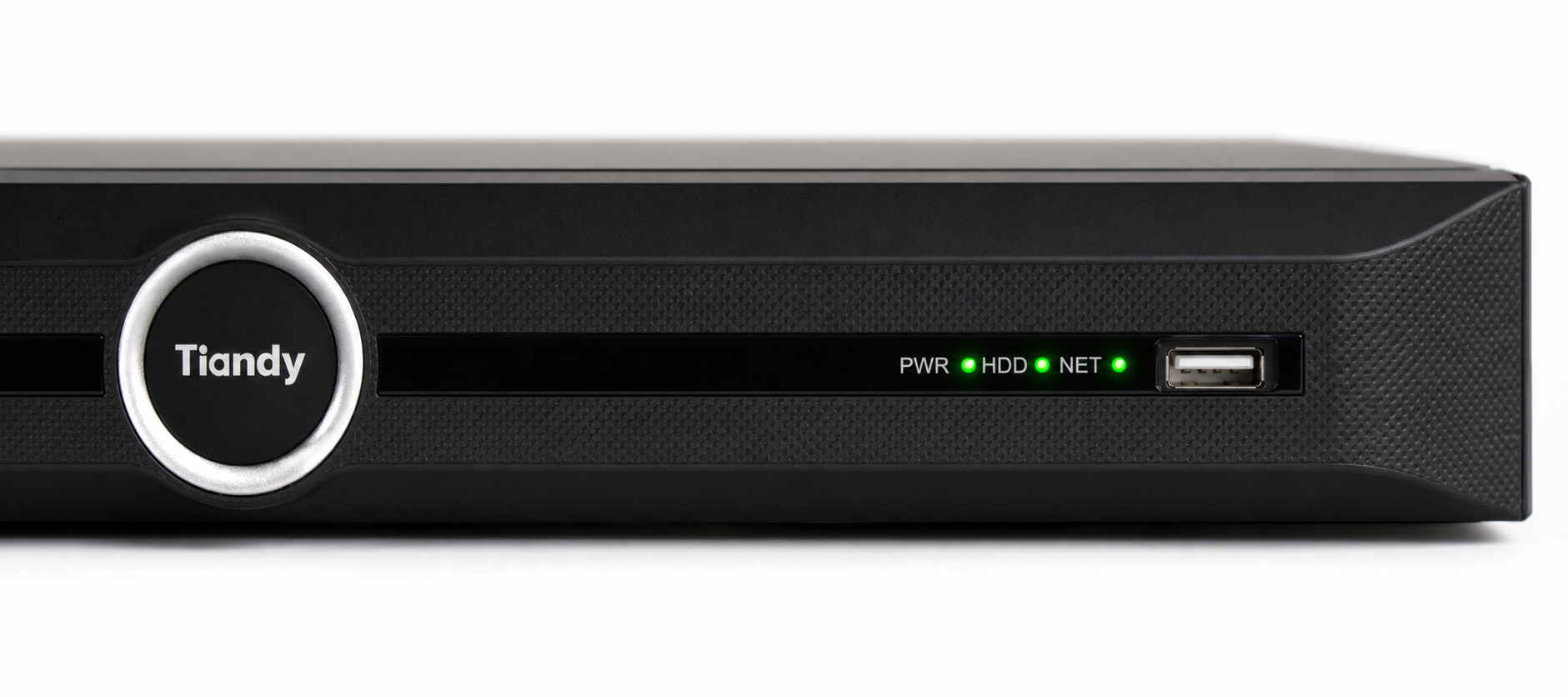 Arklyfe 1-Bay 10-Channel PoE AI NVR — illustrative detail render of the front panel showing PWR / HDD / NET status indicators and USB port