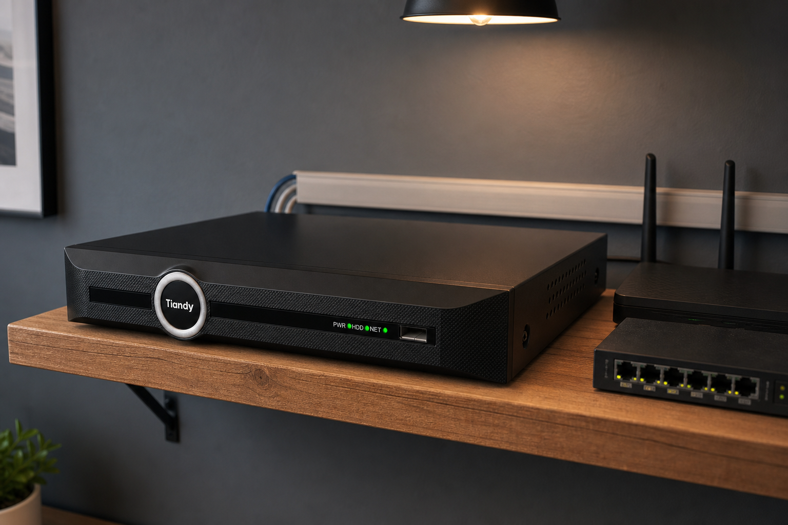 Arklyfe 1-Bay 10-Channel PoE AI NVR — illustrative lifestyle render of the NVR installed on a network equipment shelf in an Australian home-office