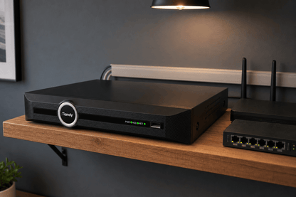 Arklyfe 1-Bay 10-Channel PoE AI NVR — illustrative lifestyle render of the NVR installed on a network equipment shelf in an Australian home-office