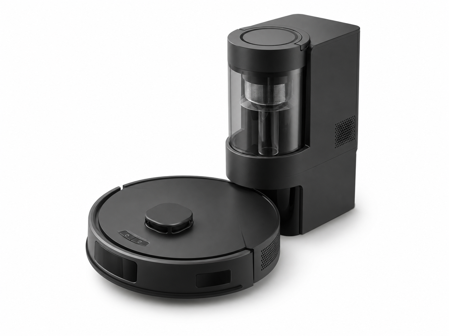 Arklyfe Smart Robot Vacuum T10 – matte-black robot vacuum with laser navigation beside its auto-empty charging dock | Arklyfe Australia