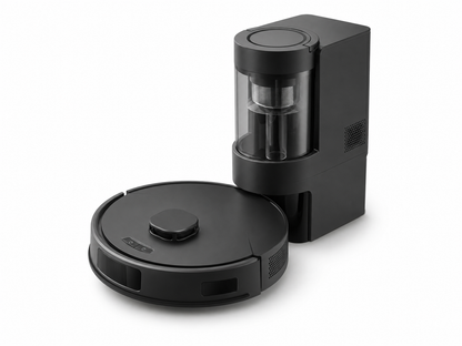 Arklyfe Smart Robot Vacuum T10 – matte-black robot vacuum with laser navigation beside its auto-empty charging dock | Arklyfe Australia