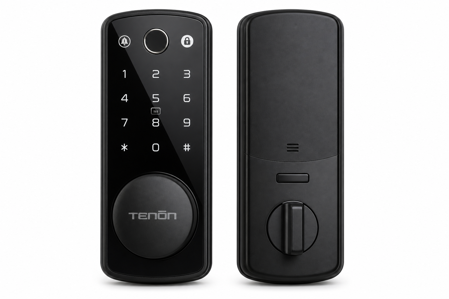 Arklyfe Smart Lock K7 – front and back views: glass keypad, fingerprint and round TENŌN thumbturn deadbolt | Arklyfe Australia