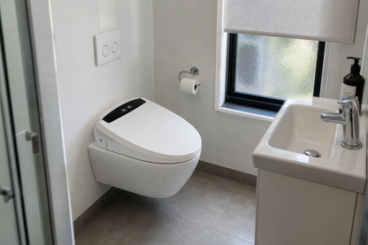 Arklyfe Smart Toilet Seat C3 — illustrative lifestyle render in a compact secondary Australian bathroom