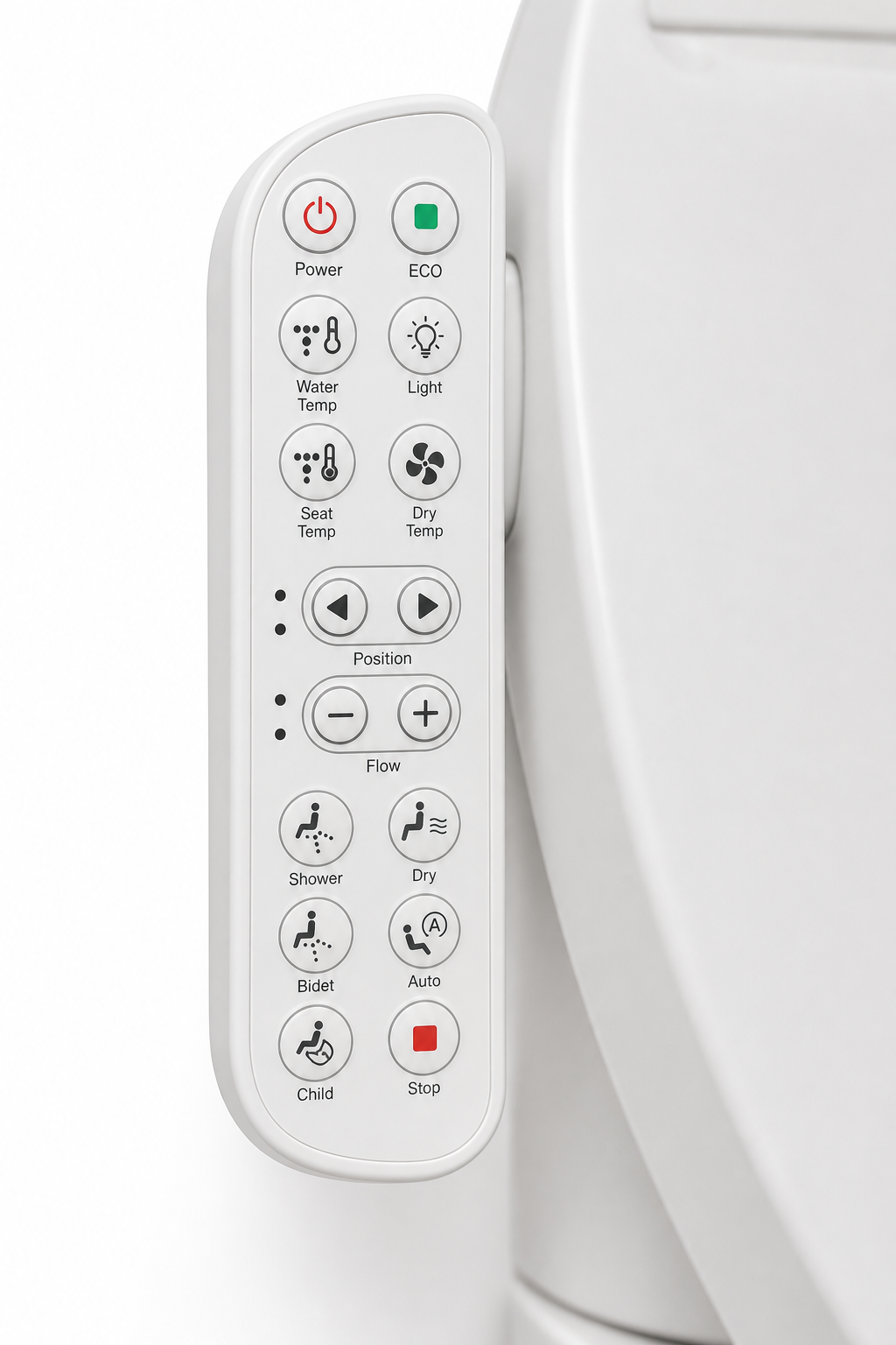 Arklyfe Smart Toilet Seat C4 — illustrative detail render of the integrated left-side control panel