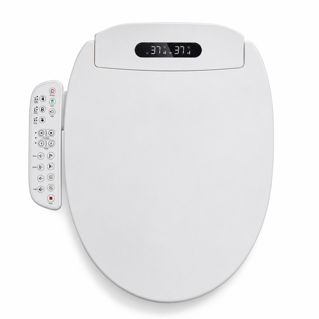 Arklyfe Smart Toilet Seat C4 — illustrative product render of the family-tier bidet seat with integrated side control panel and twin LED temperature display