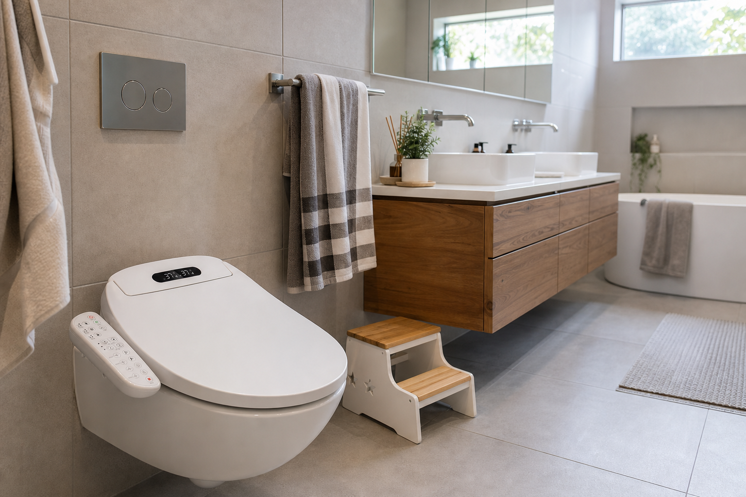 Arklyfe Smart Toilet Seat C4 — illustrative lifestyle render in a main family Australian bathroom