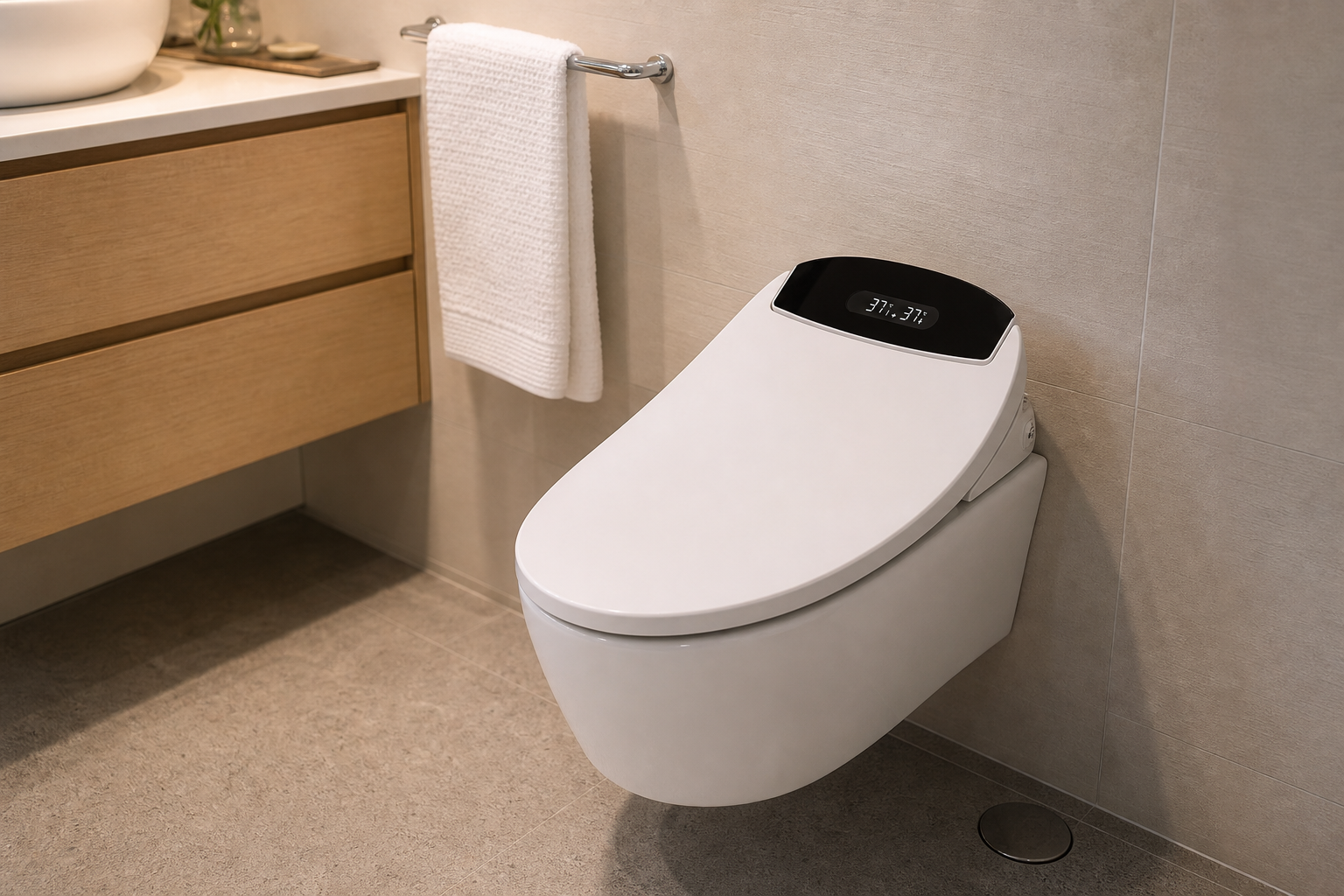 Arklyfe Smart Toilet Seat C5 — illustrative lifestyle render in a contemporary Australian bathroom