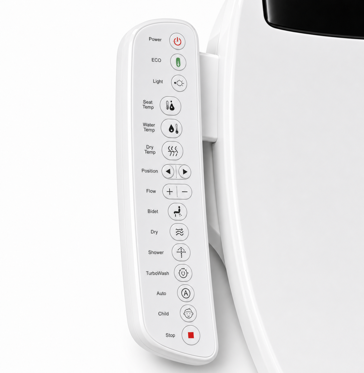 Arklyfe Smart Toilet Seat C6 — illustrative detail render of the refined integrated left-side control panel