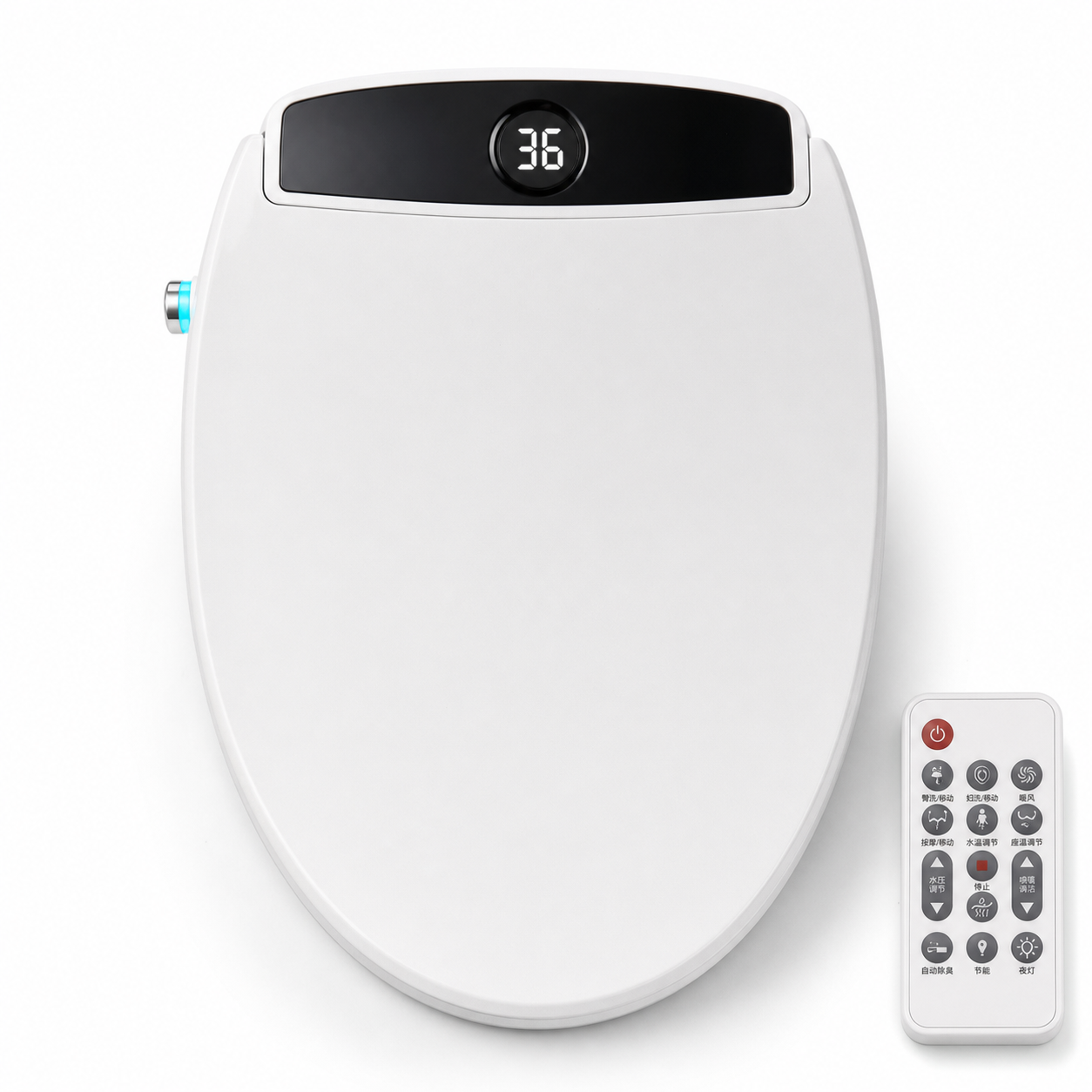 Arklyfe Smart Toilet Seat V32 — illustrative product render of the flagship V-series bidet seat with circular LED display, blue accent button, and accompanying remote