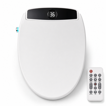 Arklyfe Smart Toilet Seat V32 — illustrative product render of the flagship V-series bidet seat with circular LED display, blue accent button, and accompanying remote