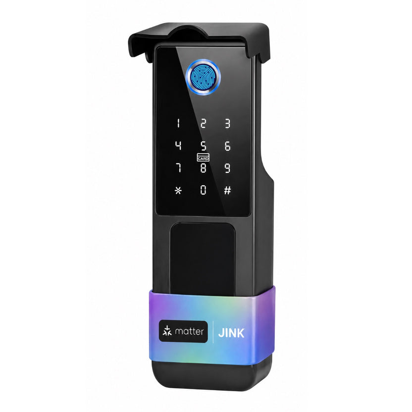 JINK Lock N400 Matter outdoor smart gate lock in a black finish